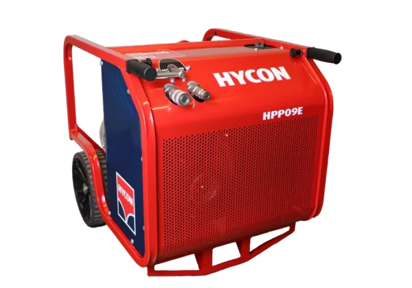 Hycon HPP09E hydraulikkaggregat, rødt aggregat på hjul med hurtigkoblinger