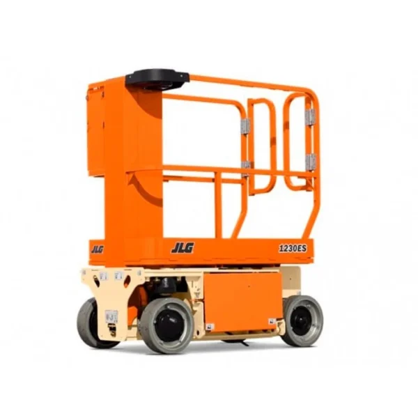 JLG 1230 ES elektrisk mastelift sammenslått, sett fra siden