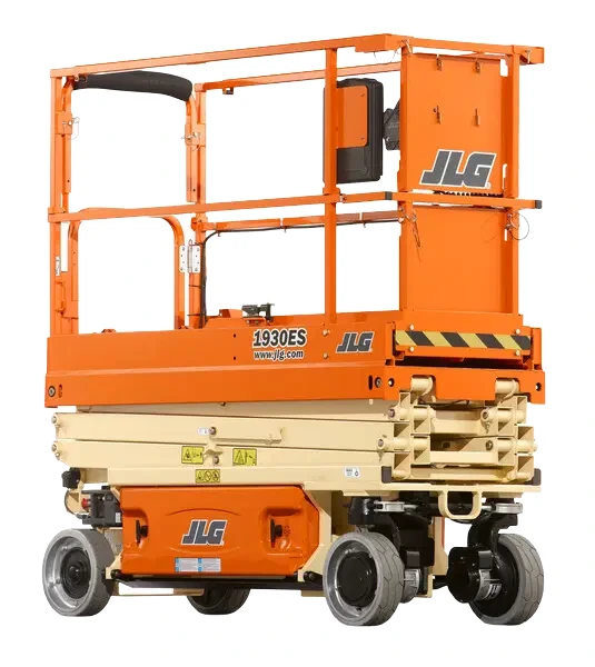 JLG 1930 ES elektrisk sakselift sammenslått, sett fra siden